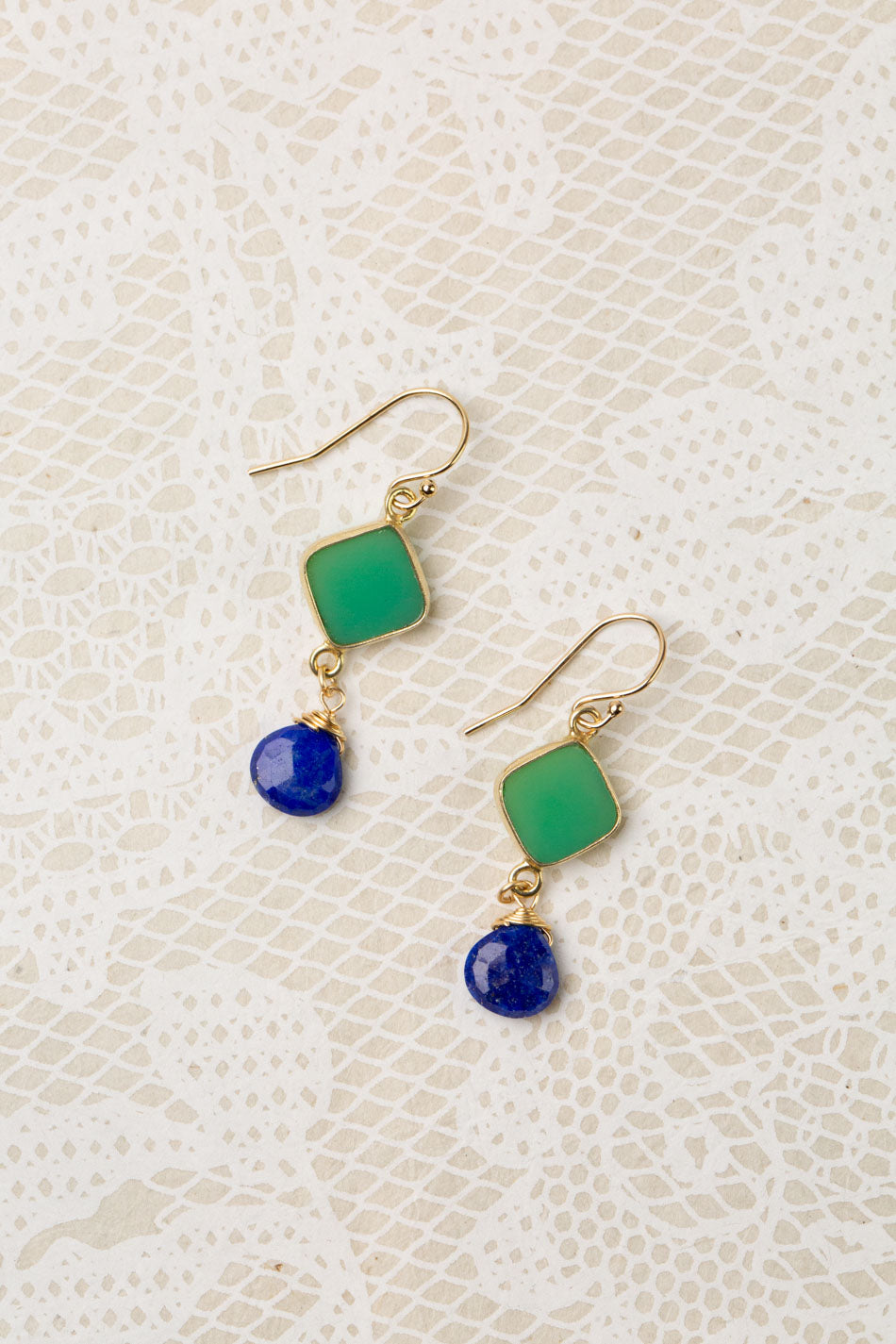 One Of A Kind Chrysoprase Diamond Shaped Bezel With Lapis Lazuli Dangle Earrings