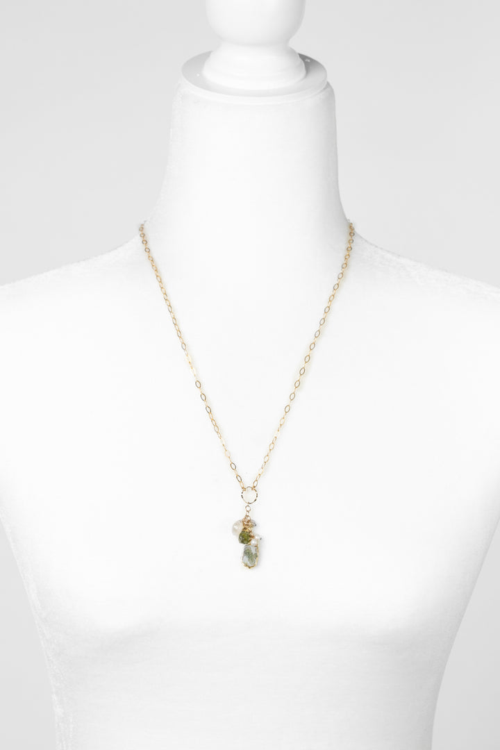 One Of A Kind 20.75-22.75" Freshwater Pearl With Moss Agate Cluster Necklace