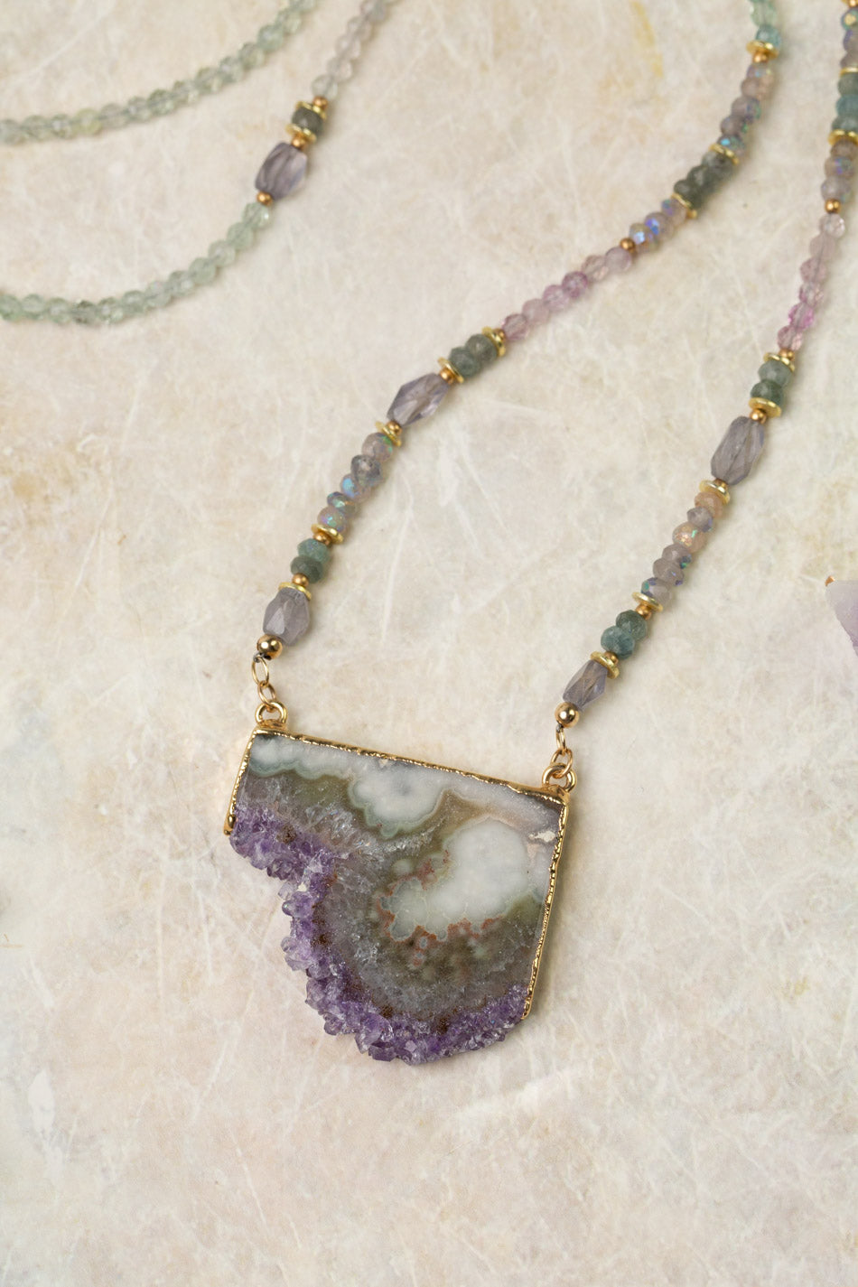 One Of A Kind 23-25" Amethyst, Fluorite, Iolite With Mineral Slice Statement Necklace