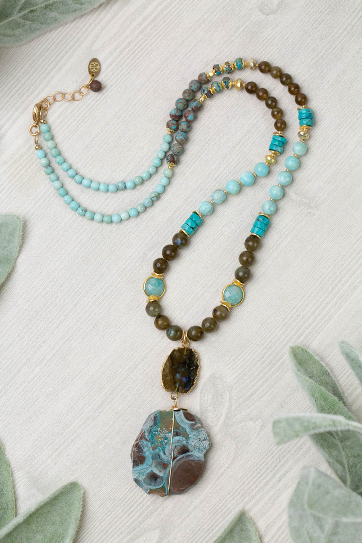 One Of A Kind 26.5-28.5" Labradorite, Turquoise With Mushroom Jasper Statement Necklace