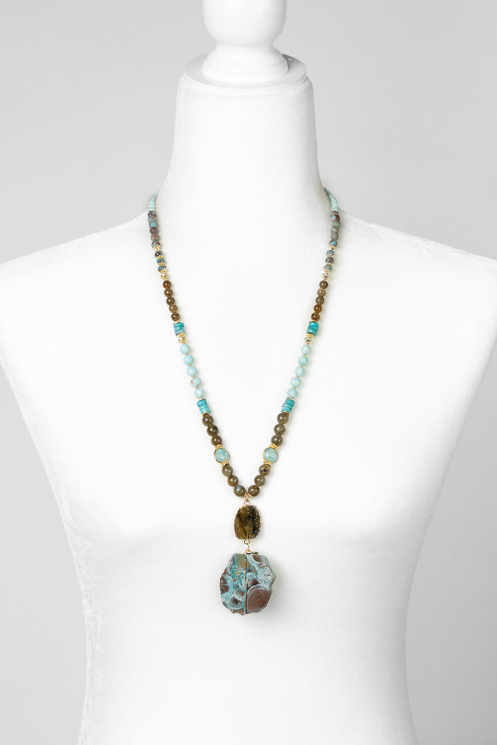 One Of A Kind 26.5-28.5" Labradorite, Turquoise With Mushroom Jasper Statement Necklace