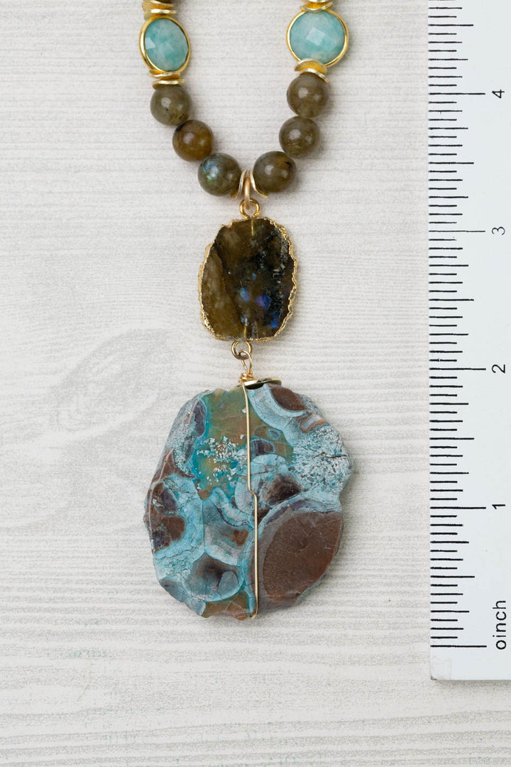 One Of A Kind 26.5-28.5" Labradorite, Turquoise With Mushroom Jasper Statement Necklace