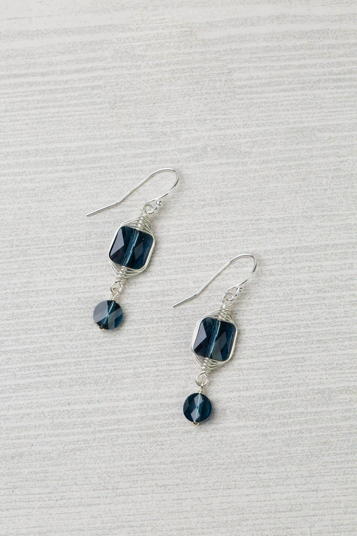 One Of A Kind Dark Blue Square Swarovski Diamond Herringbone Earrings