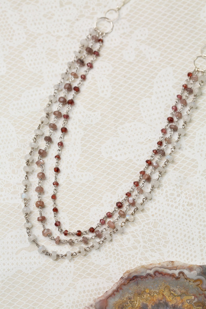 One Of A Kind 23.75-25.75" Garnet, Chocolate Moonstone With Rainbow Moonstone Multistrand Necklace