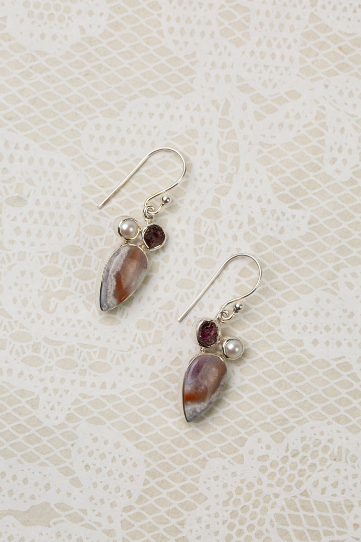 One Of A Kind Pearl, Garnet With Crazy Lace Agate Statement Earrings