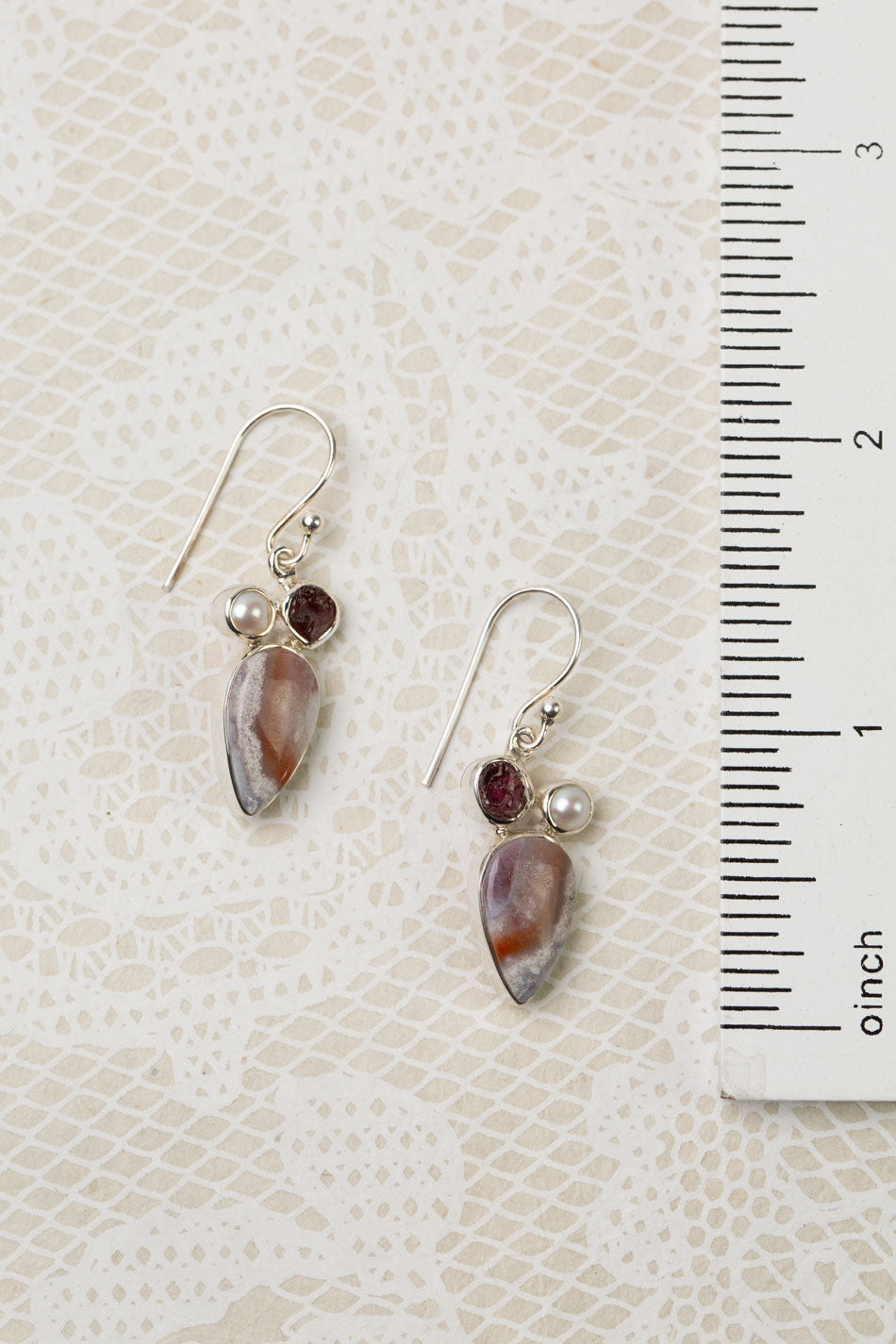 One Of A Kind Pearl, Garnet With Crazy Lace Agate Statement Earrings