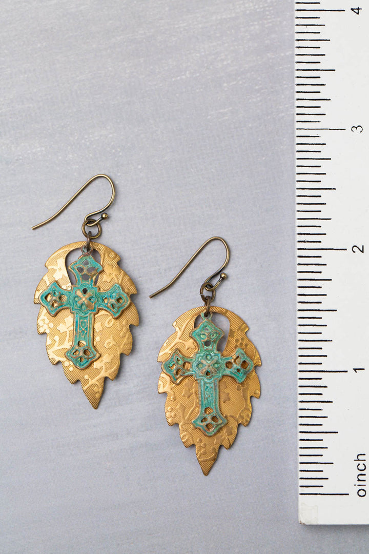 One Of A Kind Antique Plated Brass Patina Cross With Floral Stamped Bronze Leaf Dangles Statement Earrings