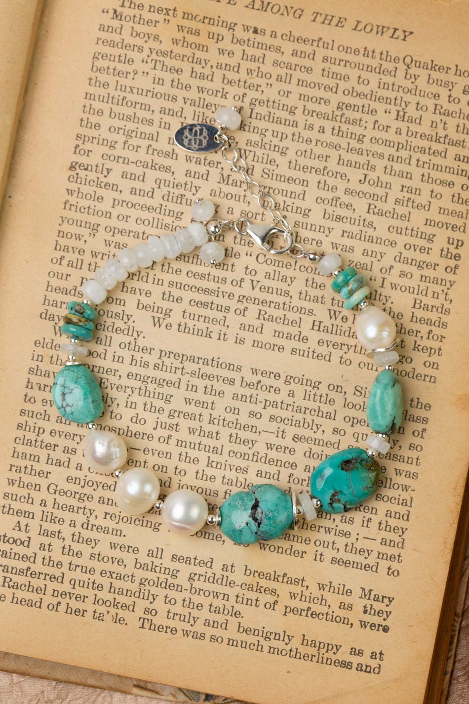 One Of A Kind 7.5-8.5" Rainbow Moonstone, Pearl With Turquoise Simple Bracelet