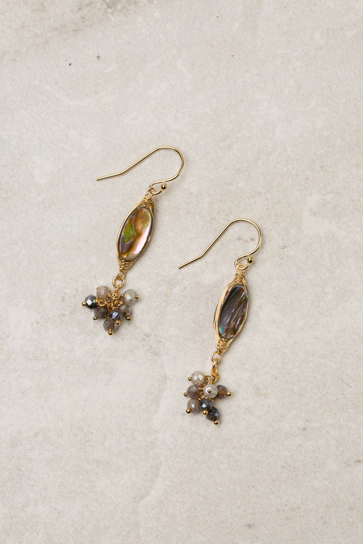 One Of A Kind Pyrite, Moonstone With Abalone Herringbone Earrings