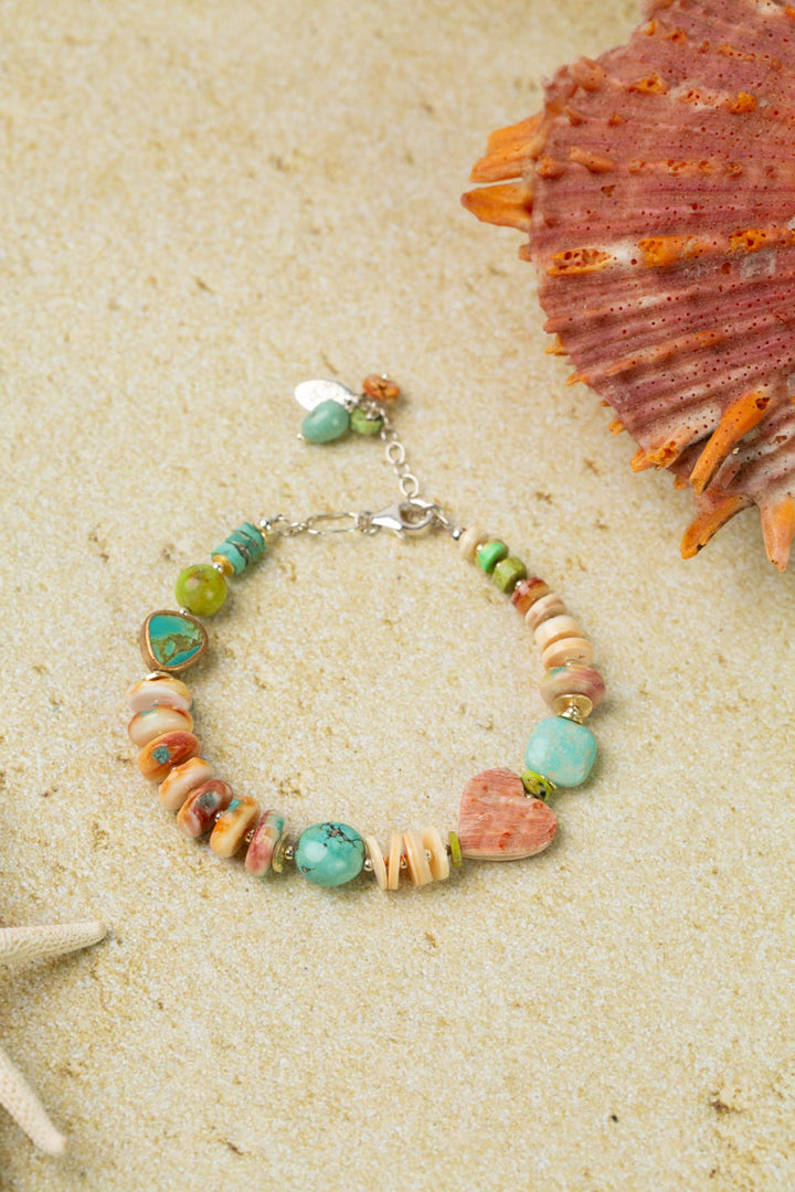 One Of A Kind 7.5-8.5" Spiny Oyster And Turquoise Simple Bracelet