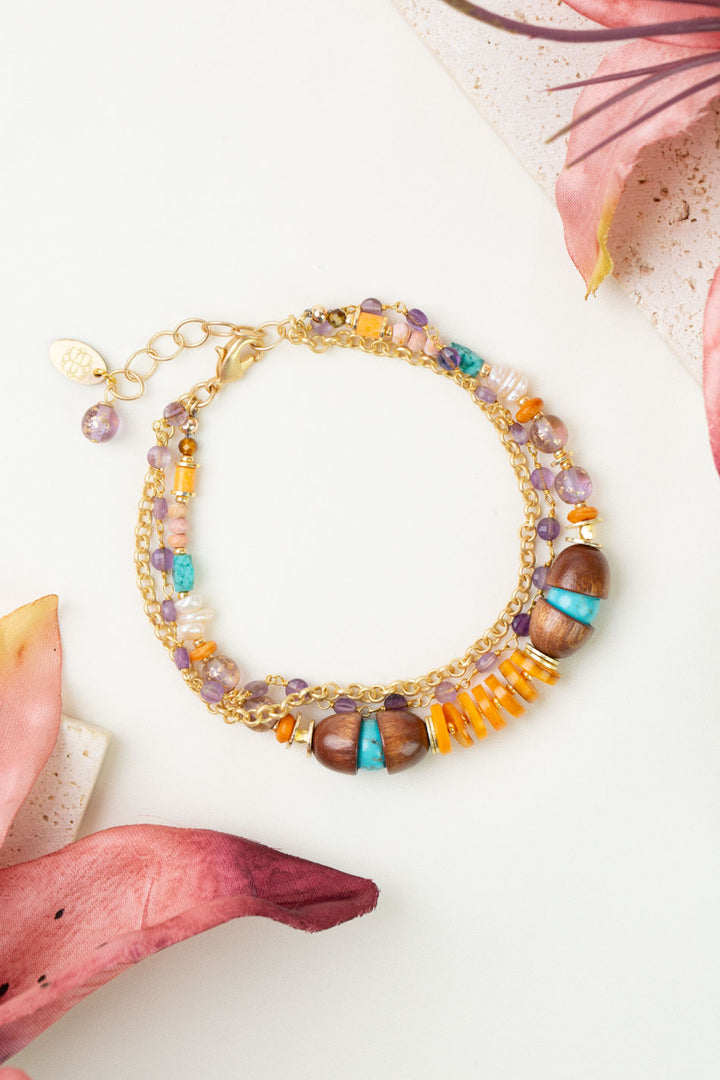 One of a Kind 8-9" Pink Opal, Amethyst, Cats Eye Multistrand Bracelet