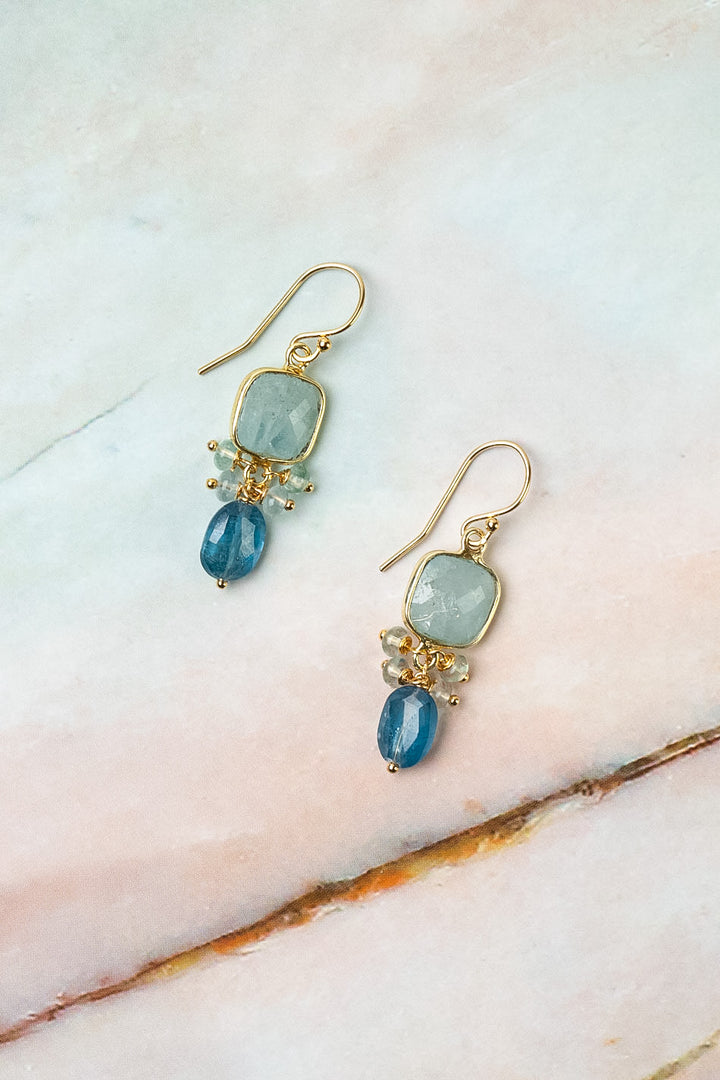Ocean Waves Aquamarine, Kyanite, Fluorite Dangle Earrings