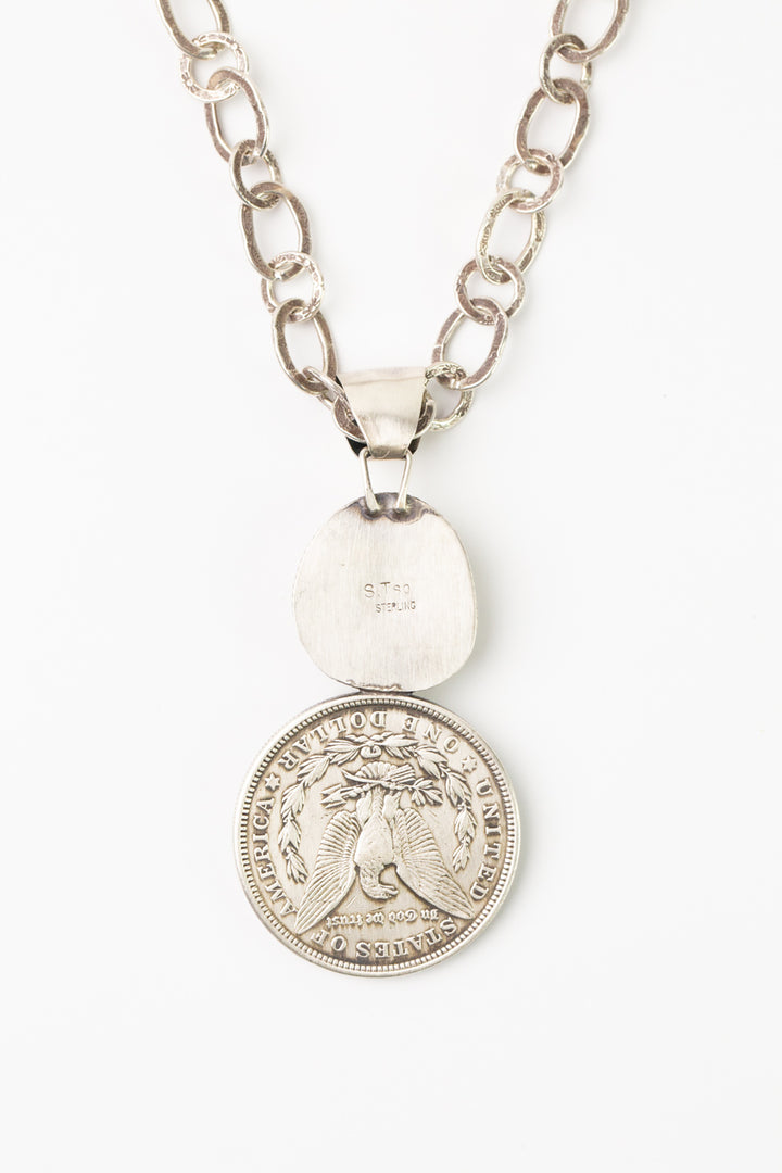 One Of A Kind 34" Silver Dollar With Boulder Turquoise Statement Necklace