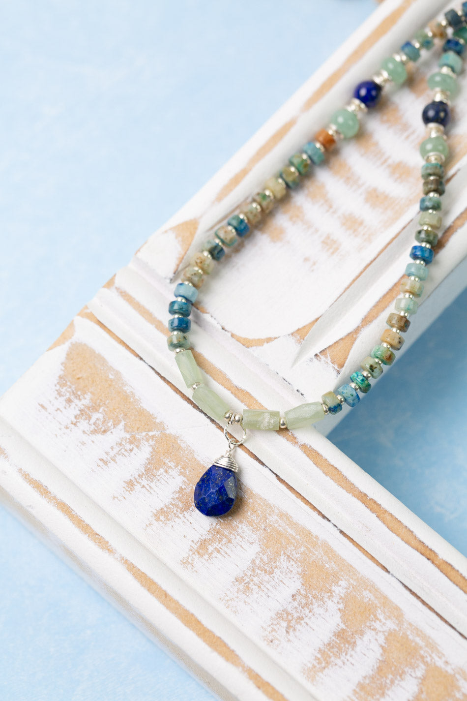 Pacifica 14.5-16.5" Aquamarine, Blue Jasper, Blue Apatite With Faceted Lapis Lazuli Briolette Collage Necklace