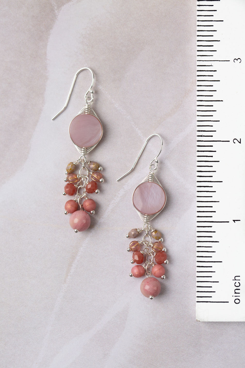 Promise Czech Glass, Crystal, Rhodonite With Mother Of Pearl Herringbone Earrings