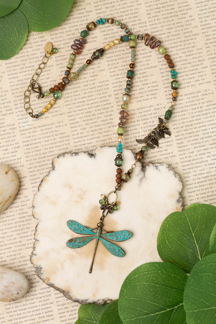 Rustic Creek 20.25-22.25" Freshwater Pearl, Turquoise, Czech Glass With Dragonfly Necklace