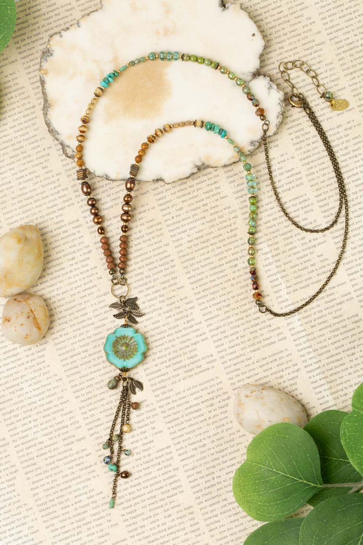 Rustic Creek 29.5-31.5" Czech Glass, Freshwater Pearl, Turquoise Dragonfly Necklace