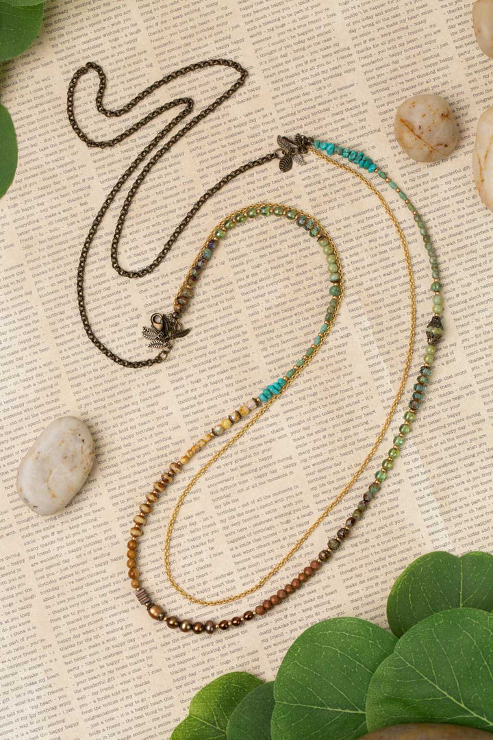 Rustic Creek 21 or 42" Freshwater Pearl, Turquoise With Czech Glass Multistrand Necklace