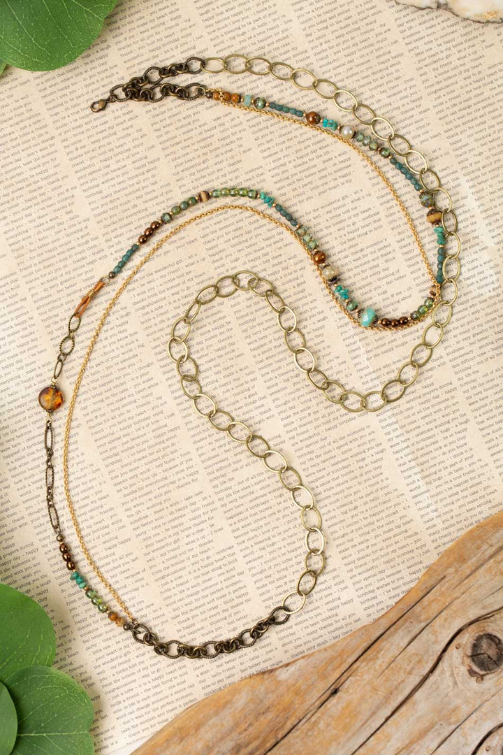 Rustic Creek 23 or 44" Jasper, Freshwater Pearl, Turquoise With Czech Glass Multistrand Necklace