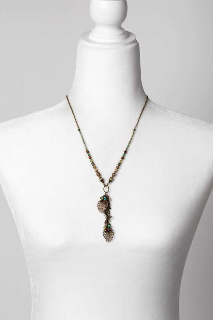 Rustic Creek 20.5-22.5" Freshwater Pearl With Czech Glass, Turquoise Dangles, Antique Brass Leaves Cluster Necklace