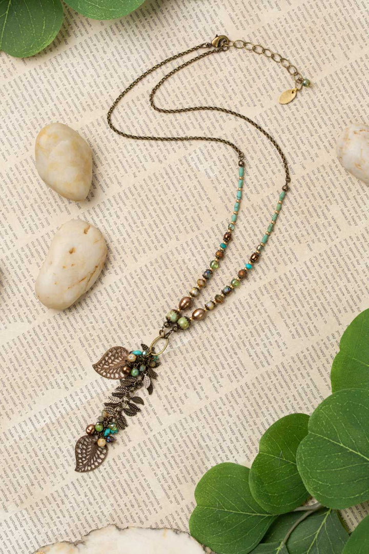 Rustic Creek 20.5-22.5" Freshwater Pearl With Czech Glass, Turquoise Dangles, Antique Brass Leaves Cluster Necklace