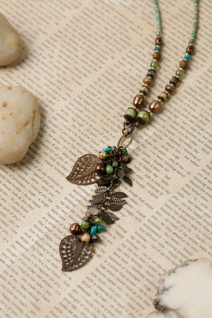 Rustic Creek 20.5-22.5" Freshwater Pearl With Czech Glass, Turquoise Dangles, Antique Brass Leaves Cluster Necklace
