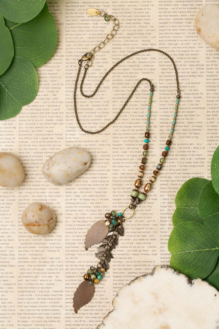 Rustic Creek 20.5-22.5" Freshwater Pearl With Czech Glass, Turquoise Dangles, Antique Brass Leaves Cluster Necklace