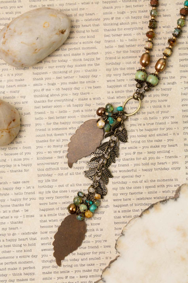 Rustic Creek 20.5-22.5" Freshwater Pearl With Czech Glass, Turquoise Dangles, Antique Brass Leaves Cluster Necklace