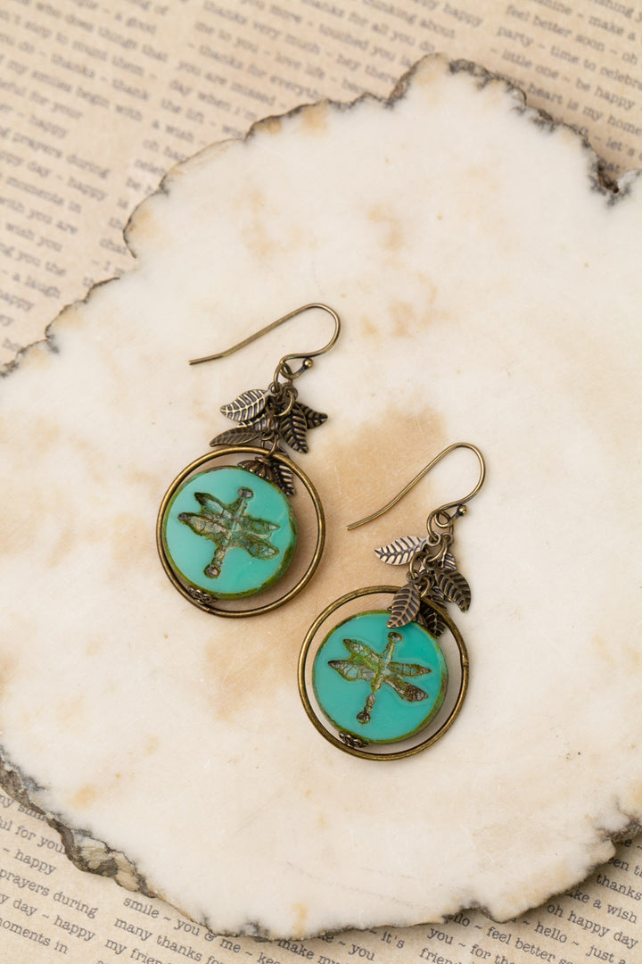 Rustic Creek Antique Brass Leaves With Czech Glass Stamped Dragonfly Hoop Earrings