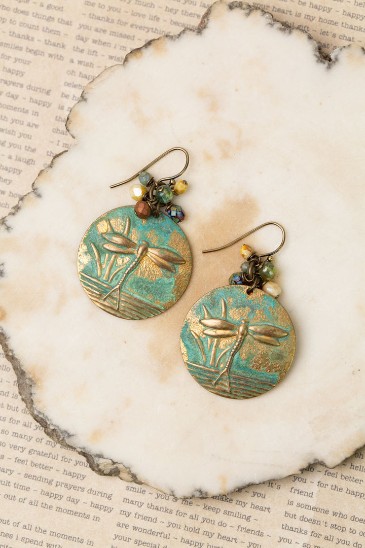 Rustic Creek Matte Gold Plated Brass Patina Dragonfly, Czech Glass Cluster Earrings