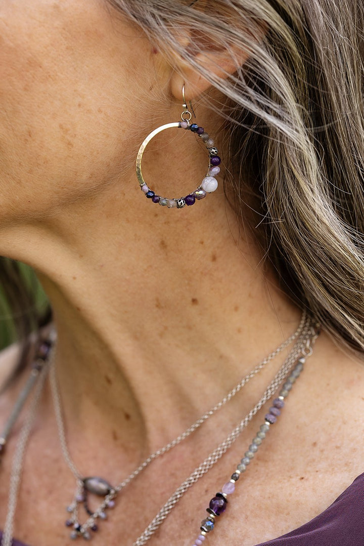 Reflections Blue Lace Agate, Amethyst, Crystal Hoop Earrings