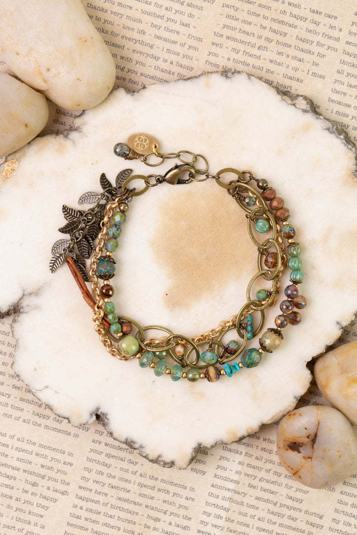 Rustic Creek 7.5-8.5" Czech Glass, Turquoise, Leather Multistrand Bracelet