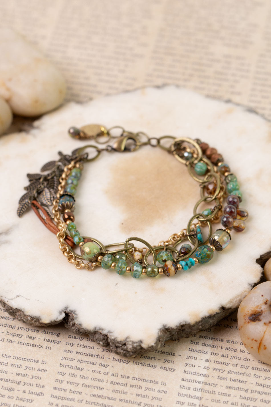 Rustic Creek 7.5-8.5" Czech Glass, Turquoise, Leather Multistrand Bracelet