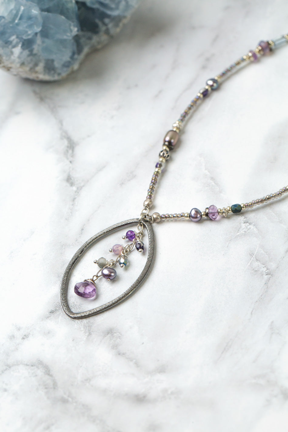 Reflections 19-21" Freshwater Pearl, Czech Glass, Crystal Cluster Necklace