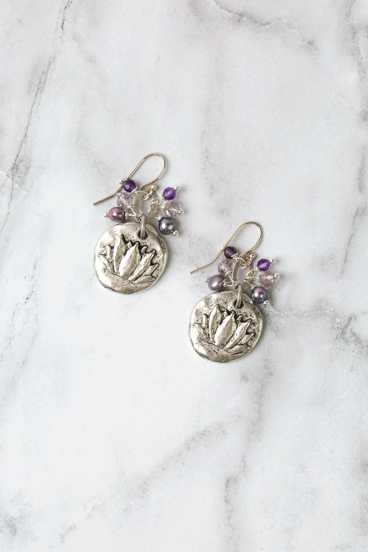 Reflections Antique Silver Lotus Circle, Freshwater Pearl, Crystal Cluster Earrings