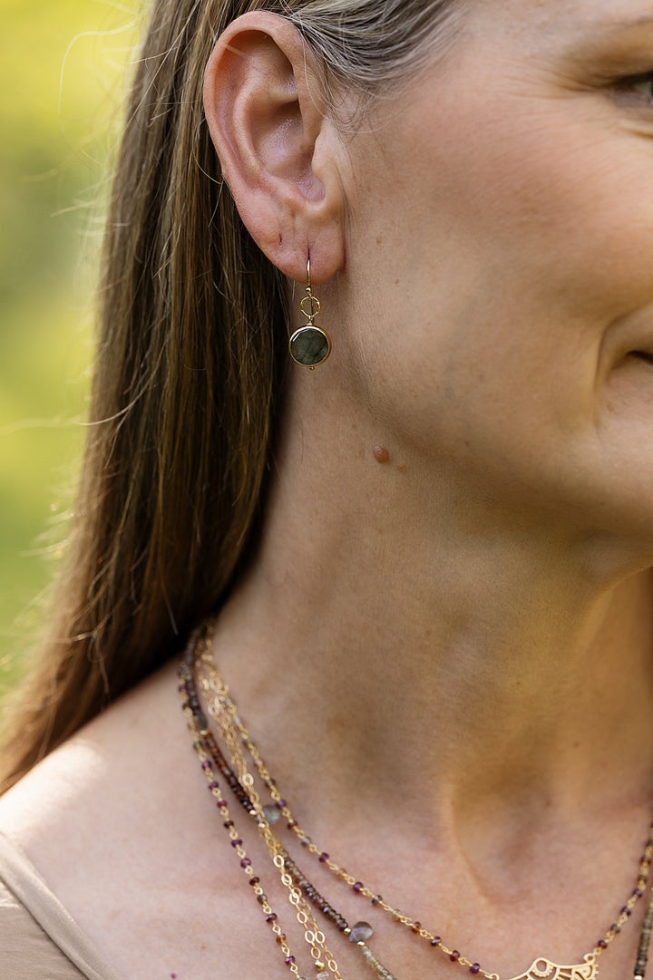 Sapphire Labradorite Coin Shaped Bezel With Hammered Circle Simple Earrings