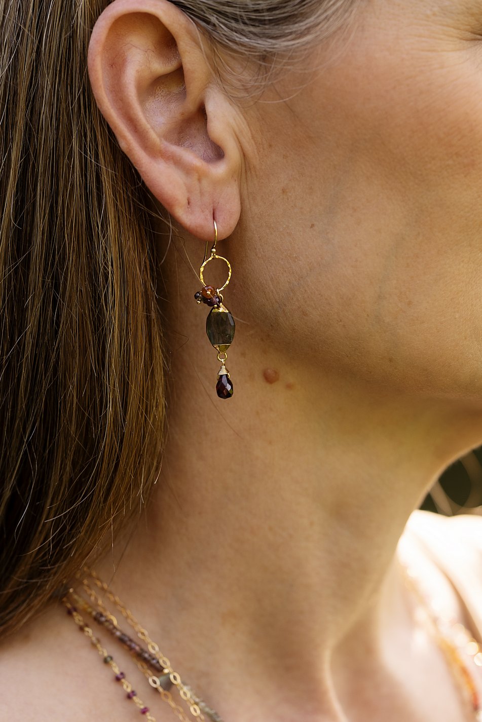 Sapphire Faceted Sapphire Dangles, Labradorite, And Faceted Garnet Cluster Earrings