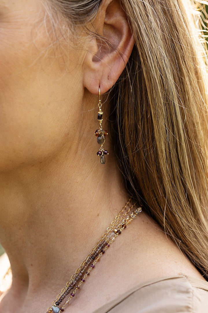 Sapphire With Faceted Grey Moonstone Oval With Faceted Sapphire Dangles And Gold Filled Wire Wrapped Labradorite Briolette Cluster Earrings