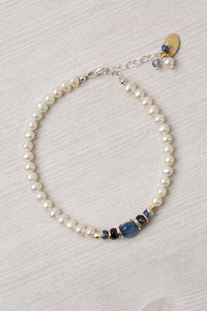 Seaside 7.5-8.5" Pearl, Kayanite, Iolite Single Strand Simple Bracelet