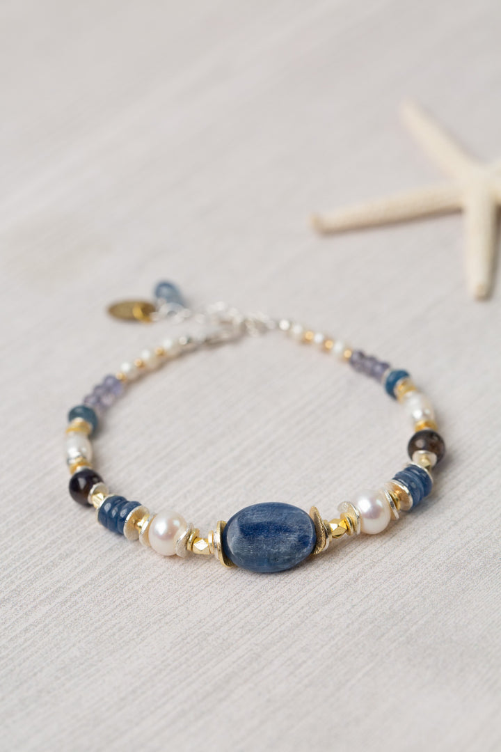 Seaside 7.5-8.5" Pearl, Kyanite, Iolite Simple Bracelet