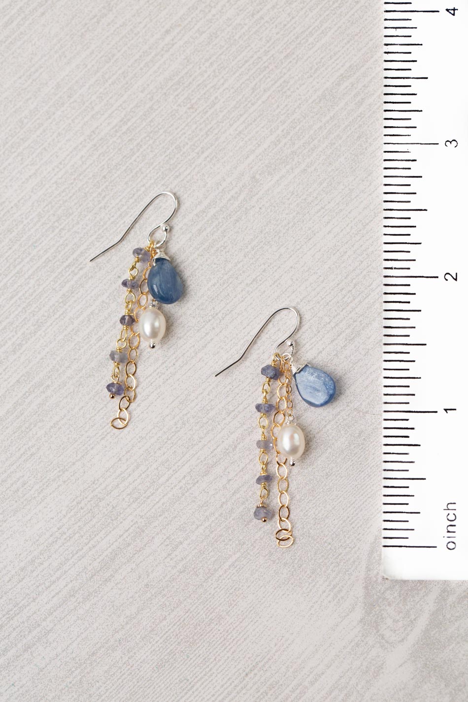 Seaside Pearl, Kayanite, Iolite Tassel Earrings