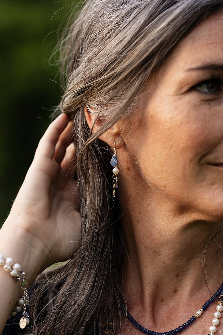 Seaside Pearl, Kyanite, Iolite Tassel Earrings