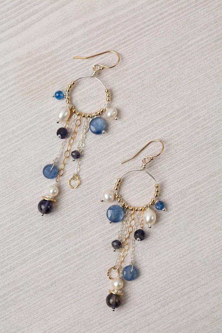 Seaside Pearl, Kayanite, Iolite Statement Earrings