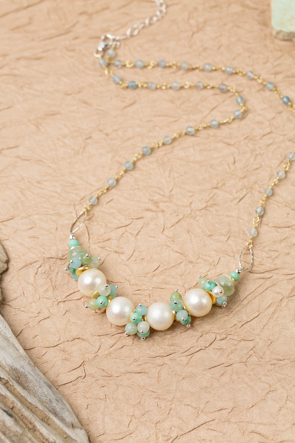 Serenity 17-19" Amazonite, Aquamarine With Freshwater Pearl Simple Necklace