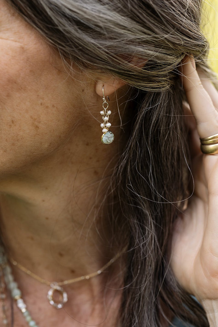 Serenity Freshwater Pearl With Faceted Blue Opal Cluster Earrings