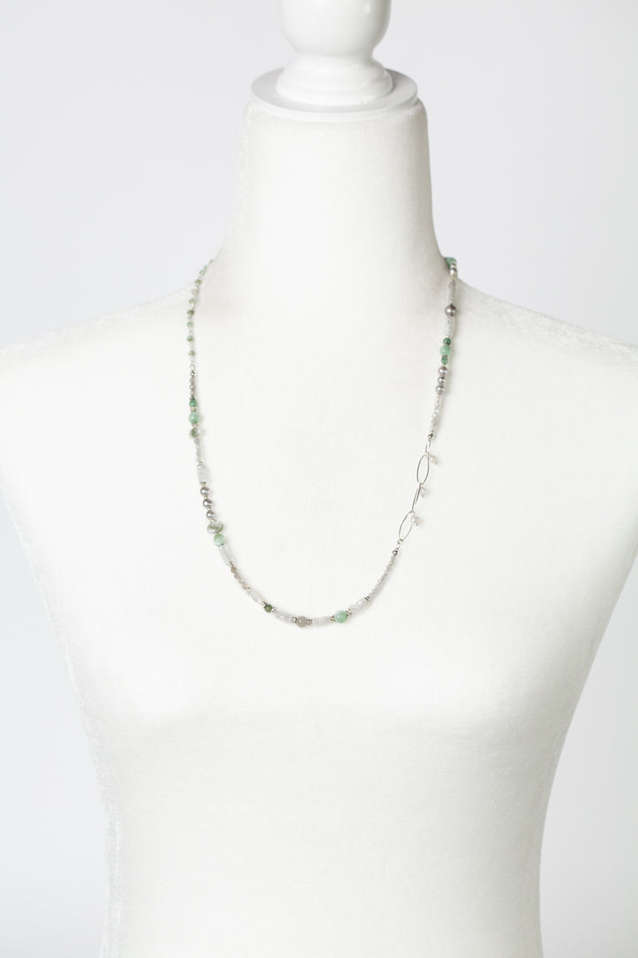 Spring Frost 24.25-26.25" Faceted Moonstone, Freshwater Pearl, Green Moonstone Collage Necklace