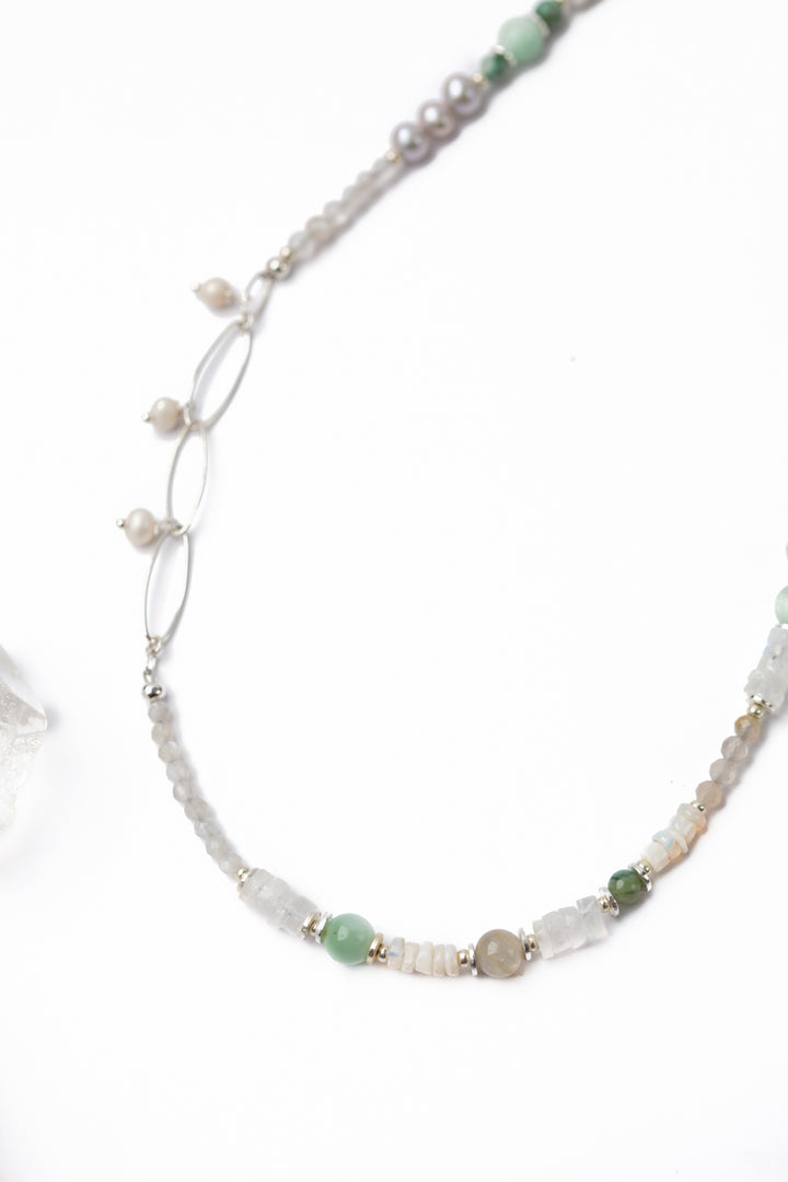 Spring Frost 24.25-26.25" Faceted Moonstone, Freshwater Pearl, Green Moonstone Collage Necklace