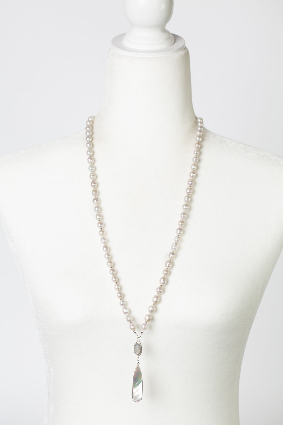 Spring Frost 28-30" Herringbone Wrapped Moonstone With Freshwater Pearl Long Drop Collage Necklace