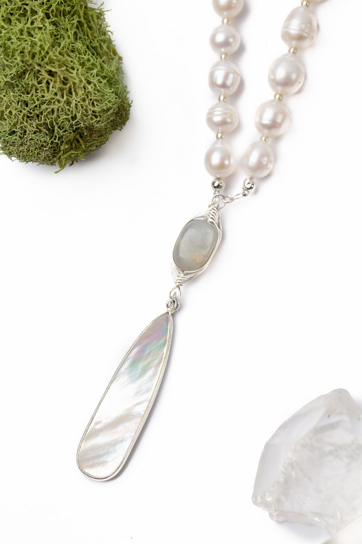 Spring Frost 28-30" Herringbone Wrapped Moonstone With Freshwater Pearl Long Drop Collage Necklace