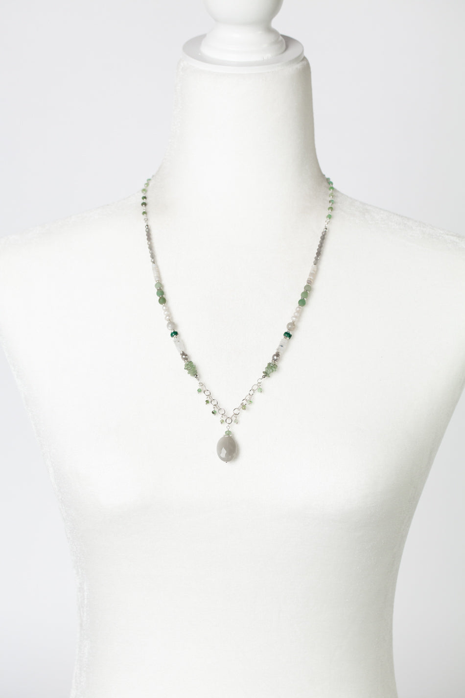 Spring Frost 22.5-24.5" Opal, Freshwater Pearl, Malachite With Faceted Moonstone Collage Necklace